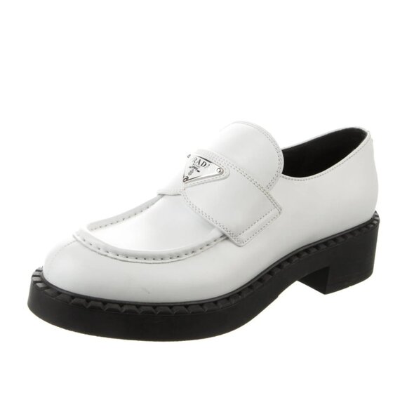 NWT Prada Loafers Spazzolato White Leather 40.5 Enameled Triangle Logo - Picture 1 of 10